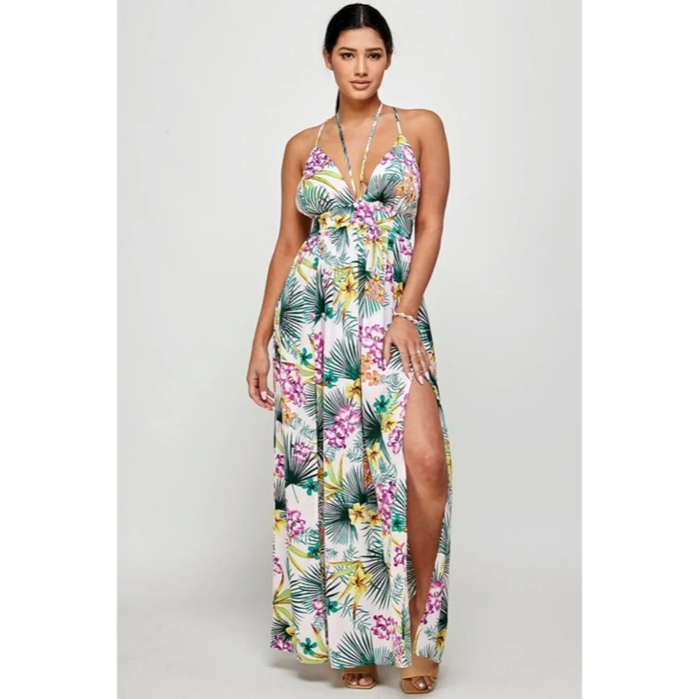 Purple Tropical Floral Palm Vacation Cruise Summer Sexy Slit Maxi Halter Dress - Picture 2 of 5